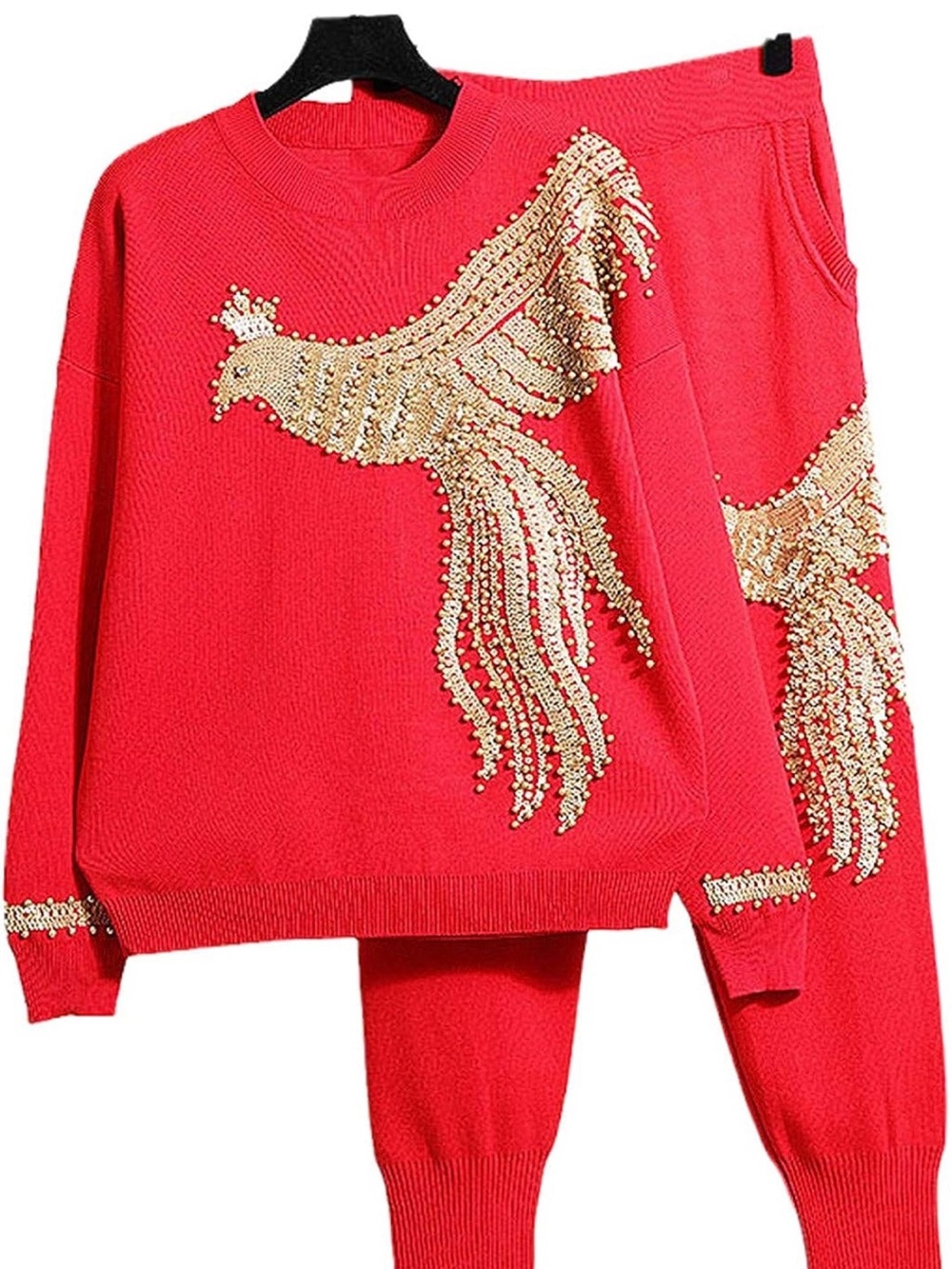Red Sweater and Jogger Set with Gold Sequin Bird